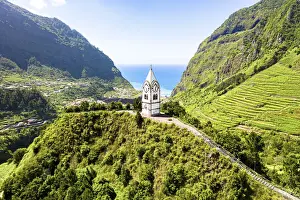 Sao Vicente Prints: Capelinha de Nossa Senhora de Fatima clock tower surrounded by terraced fields