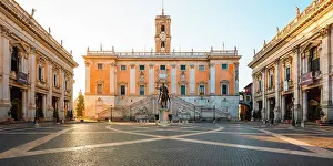 Statues Prints: Capitoline square and Senatorial palace at sunrise. Rome, Lazio, Italy