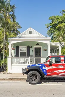 Stars And Stripes Prints: A car with the American flag, Key West, Florida, USA