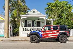Flag Prints: A car with the American flag, Key West, Florida, USA