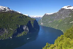 Nautical Theme Prints: A car ferry navigates through the dramatic Geiranger Fjord, Geiranger, More og Romsdal
