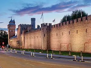 Victorian Prints: Cardiff Castle at dusk, Cardiff, Wales, United Kingdom