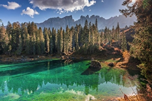 Alto Adige Prints: Carezza Lake with the Latemar moutnain range, Trentino Alto Adige, Italy