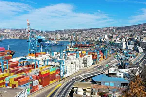 Nautical Vessels Prints: Cargo containers stacked at Port of Valparaiso