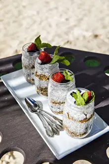 Breakfast Prints: Caribbean, Aruba, Oranjestad, Pudding based breakfast on Eagle Beach