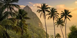 Caribbean, St Lucia, Petit (near) and Gros Piton Mountains (UNESCO World Heritage Site)