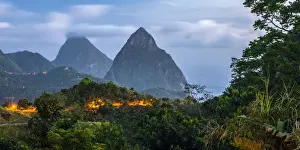 West Indian Prints: Caribbean, St Lucia, Petit (near) and Gros Piton Mountains (UNESCO World Heritage Site)