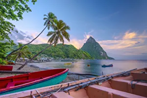 Caribbean, St Lucia, Soufriere, Soufriere Bay, Soufriere Beach and Petit Piton (UNESCO