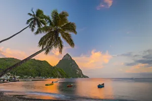 West Indian Prints: Caribbean, St Lucia, Soufriere, Soufriere Bay, Soufriere Beach and Petit Piton (UNESCO