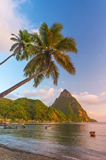 West Indian Prints: Caribbean, St Lucia, Soufriere, Soufriere Bay, Soufriere Beach and Petit Piton (UNESCO