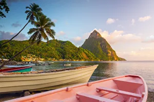 West Indies Prints: Caribbean, St Lucia, Soufriere, Soufriere Bay, Soufriere Beach and Petit Piton (UNESCO