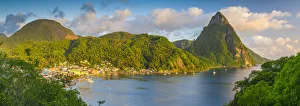West Indian Prints: Caribbean, St Lucia, Soufriere, Soufriere Bay, Petit Piton (UNESCO World Heritage Site)