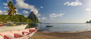 West Indian Prints: Caribbean, St Lucia, Soufriere, Soufriere Bay, Soufriere Beach and Petit Piton (UNESCO
