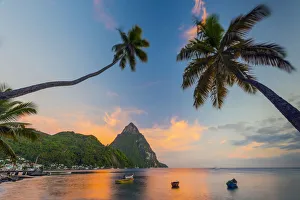 West Indies Prints: Caribbean, St Lucia, Soufriere, Soufriere Bay, Soufriere Beach and Petit Piton (UNESCO