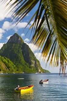 West Indian Prints: Caribbean, St Lucia, Soufriere, Soufriere Bay, Soufriere Beach and Petit Piton (UNESCO