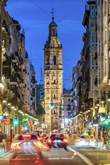 Bell Tower Prints: Carrer de la Pau street with Santa Catalina tower in the background, Valencia, Spain