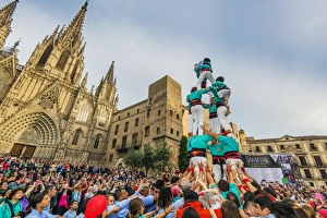 Barrio Gotico Prints: Castellers or Human Tower exhibiting in front of the Cathedral, Barcelona, Catalonia