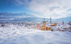 Tiroler Prints: Castle Buechsenhausen after a heavy snowfall, Sankt Nikolaus district, Innsbruck, Tyrol