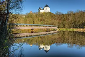 Thuringen Prints: Castle Burgk Castle and covered wooden bridge on the river Saale