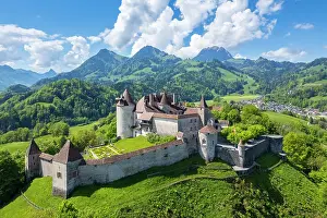 Pastures Prints: Castle of Gruyeres in spring. Gruyeres, Canton of Fribourg, Switzerland