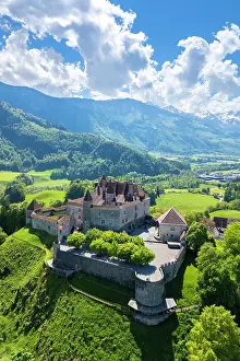 Pastures Prints: Castle of Gruyeres in spring. Gruyeres, Canton of Fribourg, Switzerland