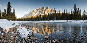Castle Mountain Reflecting in Bow River in Winter, Banff National Park, Alberta, Canada