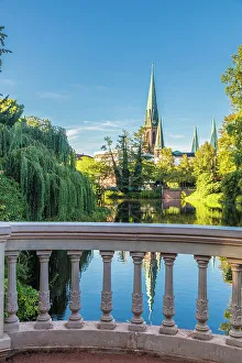Summer Evening Prints: Castle pond in the castle garden with a view of St