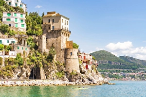 Amalfi Prints: Castle and seascape at Cetara, Amalfi Coast, Italy