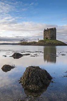 Loch Linnhe Prints: Castle Stalker reflected in Loch Linnhe, Appin, Argyll, Scotland. Winter (December) 2016