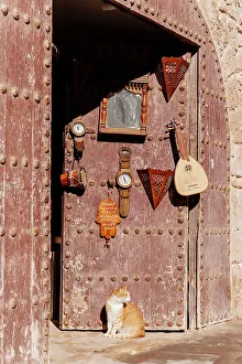 Clocks Prints: Cat by a door in Essaouira, Morocco