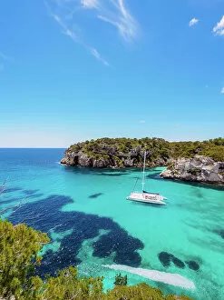 Images Dated 3rd June 2021: Catamaran in Cala Macarella, Macarella Bay, elevated view, Menorca or Minorca