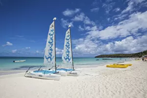 Images Dated 1st March 2017: Catamarans on the beach ready to sail in the blue Caribbean Sea Dickenson Bay Antigua