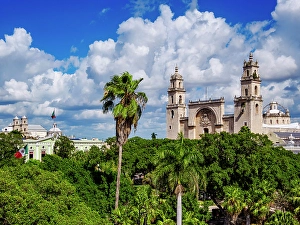 Plaza Mayor Prints: Catedral of San Ildefonso, elevated view, Plaza Grande, Merida, Yucatan State, Mexico