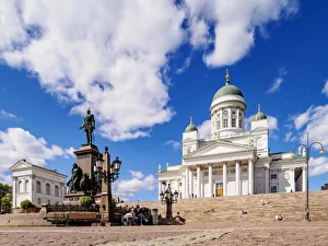 Cobbled Street Prints: Cathedral and Alexander II Statue, Senate Square, Helsinki, Uusimaa County, Finland