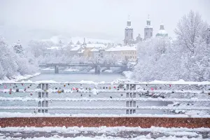 Tiroler Prints: The Cathedral of Innsbruck and the inner city seen from the University Bridge