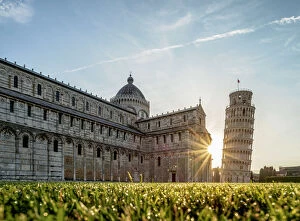 Duomo Gallery: Cathedral and Leaning Tower at sunrise, Piazza dei Miracoli, Pisa, Tuscany, Italy
