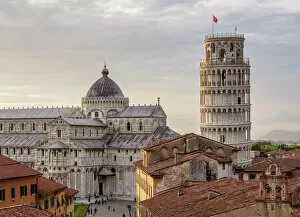 Duomo Gallery: Cathedral and Leaning Tower at sunset, elevated view, Pisa, Tuscany, Italy