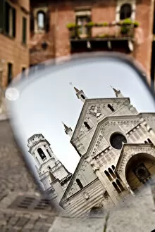 Images Dated 4th April 2011: Cathedral reflected in a scooter mirror, Verona, Veneto, Italy