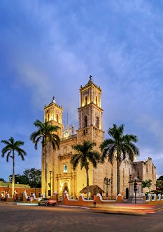 Saint Servatius Prints: Cathedral of San Servacio at dusk, Valladolid, Yucatan State, Mexico