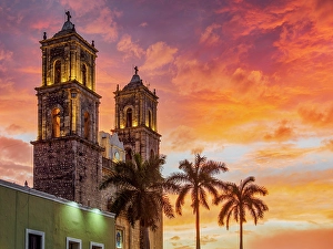 Saint Servatius Prints: Cathedral of San Servacio at sunset, Valladolid, Yucatan State, Mexico