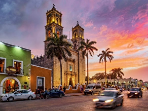 Pueblo Magico Prints: Cathedral of San Servacio at sunset, Valladolid, Yucatan State, Mexico