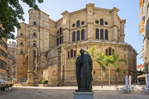 Costa Del Sol Prints: Cathedral with statue of Pope John Paul II, Malaga, Costa del Sol, Andalusia, Spain