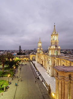 Cathedral at twilight, Plaza de Armas, elevated view, Arequipa, Peru