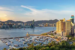Causeway Bay Prints: Causeway Bay Typhoon Shelter and Kowloon skyline, Hong Kong, China