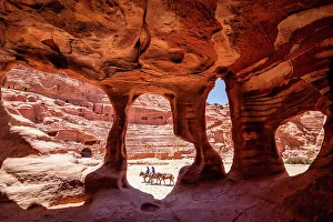 Jordanian Prints: Cave Framing Men on Donkies, Petra, Jordan