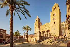 Mediterranean Area Prints: Cefaluaa, Sicily. People visiting the baroque Cathedral at sunset