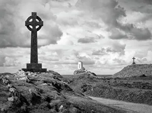 Anglesey Prints: Celtic cross, Twr Mawr lighthouse and a cross on Llanddwyn Island in Anglesey, Wales