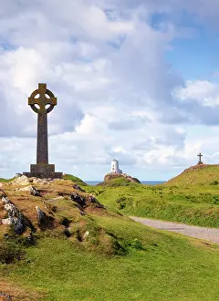 Anglesey Prints: Celtic cross, Twr Mawr lighthouse and a cross on Llanddwyn Island in Anglesey, Wales
