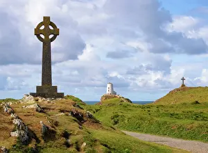 Anglesey Prints: Celtic cross, Twr Mawr lighthouse and a cross on Llanddwyn Island in Anglesey, Wales