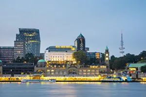 St Pauli Prints: Central Hamburg skyline along Elbe River at dusk, looking towards St